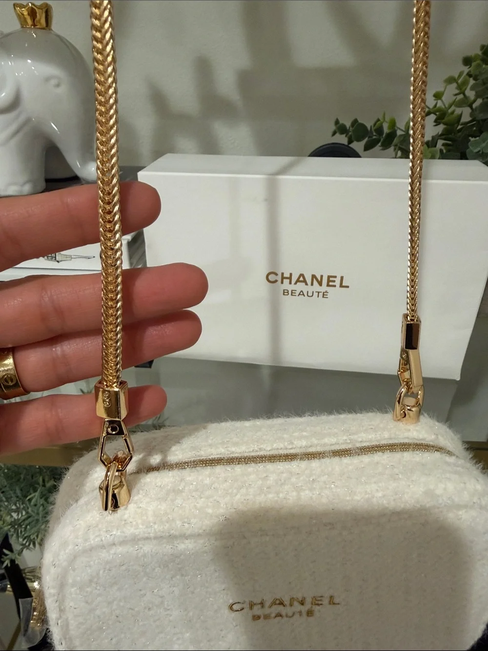 CHANEL Cream Bouclé Beaute Crossbody with Gold Chain
